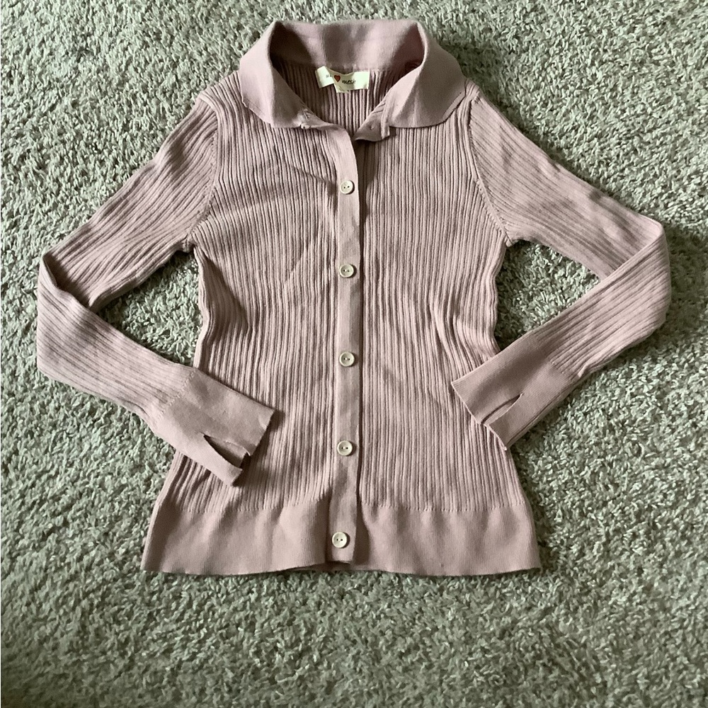 Mik ❤️ Mesh Salmon Blush Button-Up Long Sleeve Sweater Top